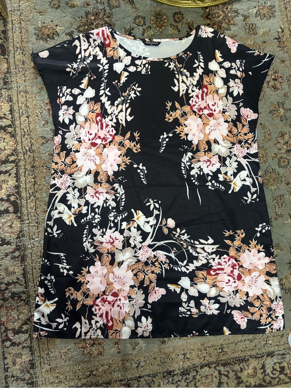 Black Floral Short Sleeve Tunic Dress with Pink & Tan Blooms